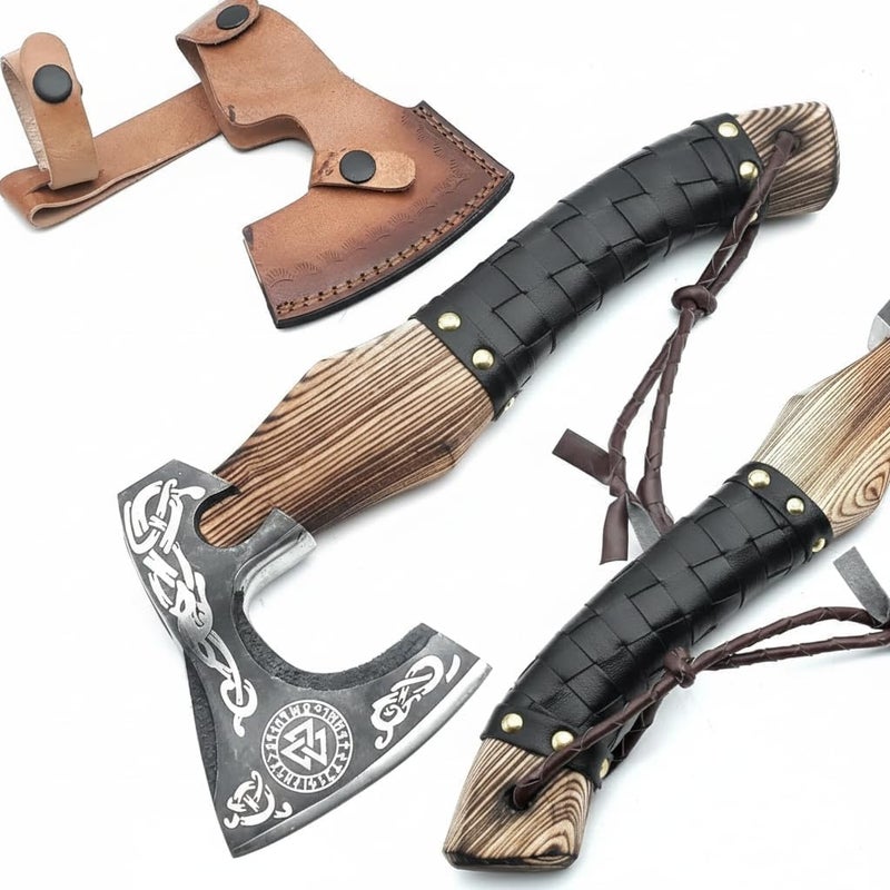FH TRADERS Viking Axe Ashwood Handle Handmade Carbon Steel Blade, Outdoor Camping Hunting, Norse Hatchets Axes, with Black Leather Wrapped Handle & Leather Sheath Wood Splitting Axes - Image 1